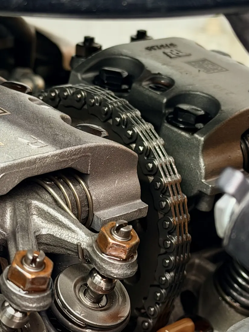 Close-up of an open cylinder head with valve springs and cam chain